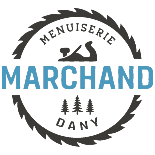 Logo de la Menuiserie Dany Marchand : rabot, lame de scie et sapins